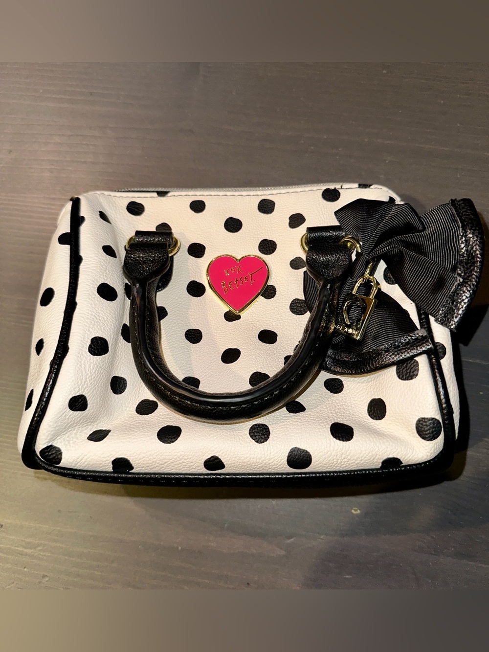 Betsey Johnson Polka Dot Mini Satchel Bag - White & Black with Pink Heart Accent